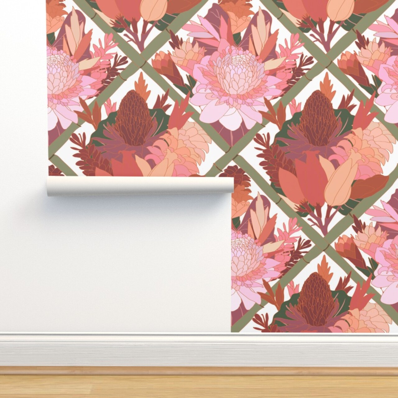 Pink Botanical Lattice Chinoiserie Trellis Boho Hawaiian Floral Tropical Mauve Large Scale Custom Removable Wallpaper by Spoonflower Peel & Stick Wallpaper 2FT Wide
